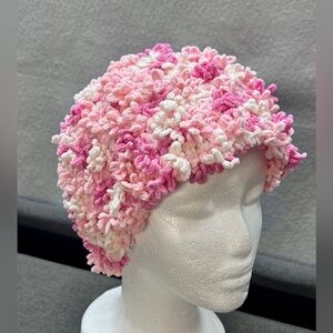 Handmade pink loopy soft knit box beanie hat retro